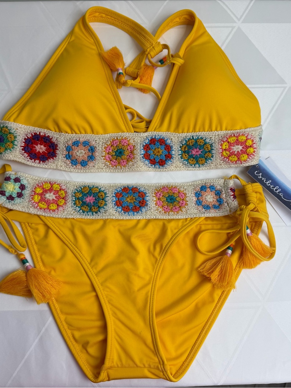 ISABELLA ROSE 1969 BANDED BIKINI TOP AND BOTTOM CROCHET DETAIL YELLOW Sz M NWT